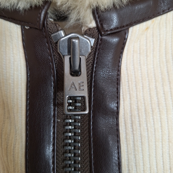 American Eagle Corduroy Aviator Jacket Sherpa Lined Cream Brown Trim Size L - Picture 6 of 9